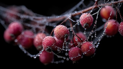 Tiny dewdrops, glistening like miniature crystals, adorn a cluster of vibrant red berries entangled in a delicate spiderweb against a dark backdrop, creating a captivating scene of natural beauty