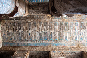 Vultures on Dendera Temple ceiling symbolizing Nekhbet, protector of Upper Egypt and guardian goddess of the pharaoh in ancient Egyptian belief