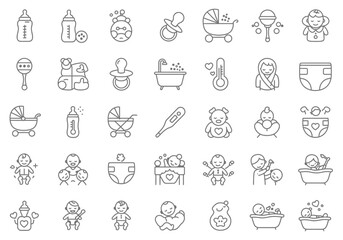 vector icons of baby supplies, clothes and toys