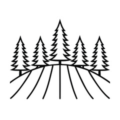 Obraz premium Christmas tree farm with rows of pine trees in winter season line art vector illustration
