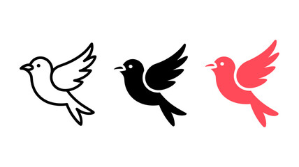 Fototapeta premium Three stylized bird icons: white, black, and coral; minimalist design; peaceful, hopeful mood; vector illustration.