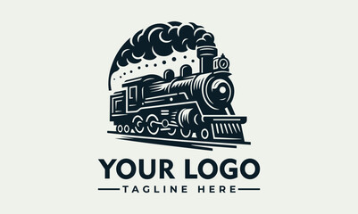 Vintage steam locomotive logo design, featuring a stylized steam engine on a track, with a space for a company logo and tagline.
