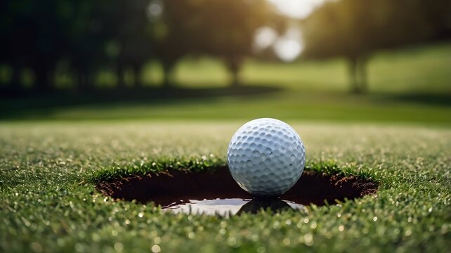 Low angle golf ball in hole on green grass