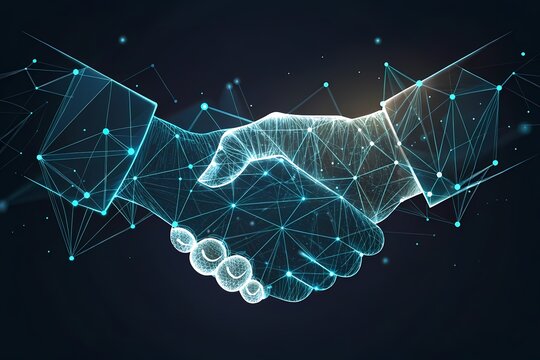 Digital Handshake Representing Online Agreement and Partnership-Futuristic low-poly wireframe of two hands shaking, symbolizing digital collaboration, virtual business deals, and secure online agree