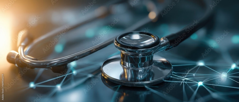 Poster the stethoscope resting on a digital network background representing healthcare technology