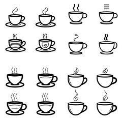 Minimal black outline icon set of four different coffee cup styles, each with steam lines, arranged in grid, modern vector illustration