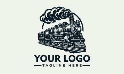 Vintage steam locomotive logo design, featuring a detailed train with smoke, set within a circular frame. © nuaari