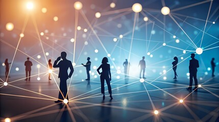 Silhouetted People Connected by Digital Network-Silhouettes of people stand in a glowing digital space, interconnected by light nodes and lines, symbolizing communication and networking.