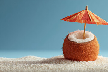 Coconut beach concept with umbrella and sand creating a tropical paradise
