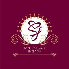 Letter S and J love abstract logo with heart. wedding engagement invitation letter. Save the date.