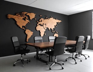 Modern boardroom featuring a wooden world map decoration against a dark wall