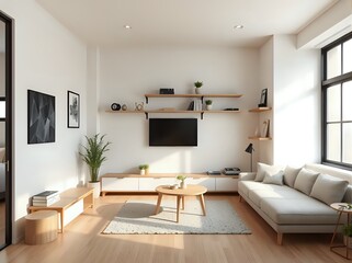 neutral japandi studio interior, minimalist design, 3d space-saving furniture, geometric mural wall, warm light, compact modern living