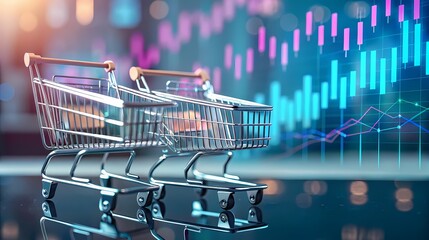 Shopping Carts with Digital Market Graph Overlay-Two shopping carts stand on a reflective surface with a glowing financial graph in the background, symbolizing retail trends and economics.