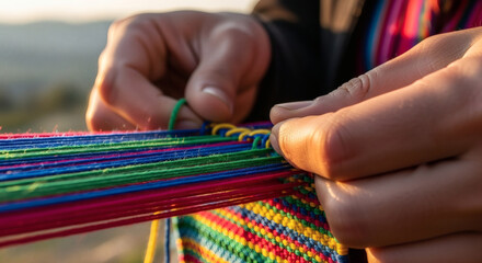 A person's hands carefully weave vibrant, colorful threads into a textile outdoors during golden hour.
