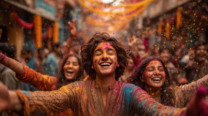 Obraz premium Joyful celebration of colors among young people in festive alleyways