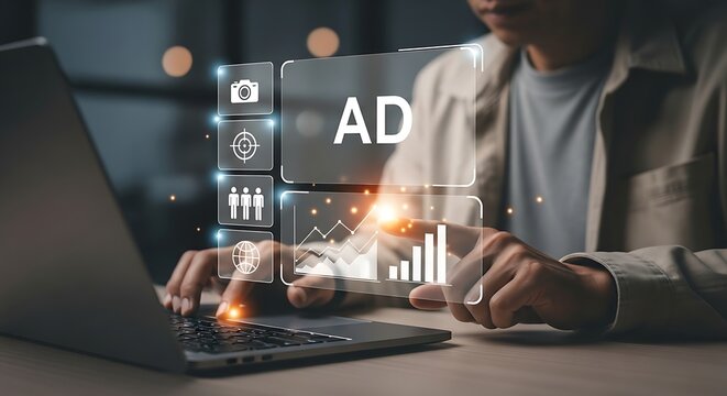 Man Using Laptop to Manage Digital Advertisement Campaign and Evaluate Business Performance Charts for Target Audience