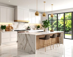 Modern kitchen design featuring white cabinets marble countertops and gold pendant lights creating