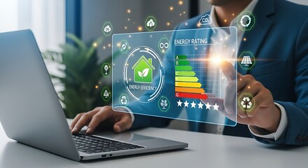 Energy Efficiency Man Reviews Rating on Screen with Icons Laptop on Table Blue Suit Jacket House Symbol and Leaf Graphic