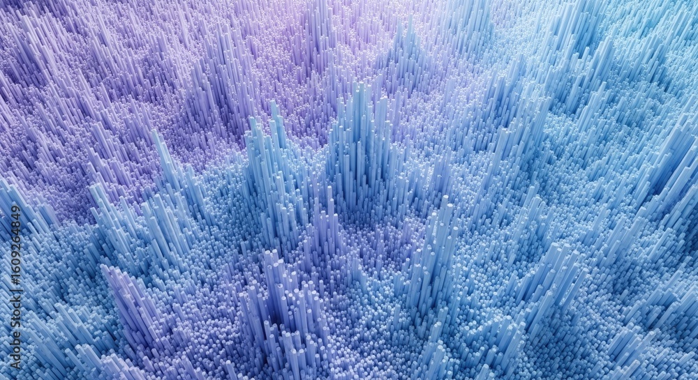 Poster dense array of pale cylinders with varying heights in a blue to purple gradient
