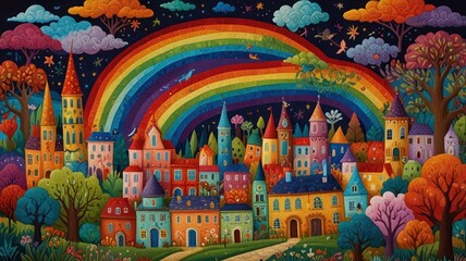 Fototapeta premium Whimsical fairytale city nestled under a vibrant rainbow and starry sky