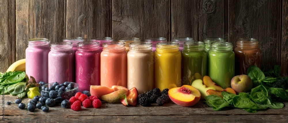 Poster the colorful array of smoothies in glass jars with fresh fruits and greens.