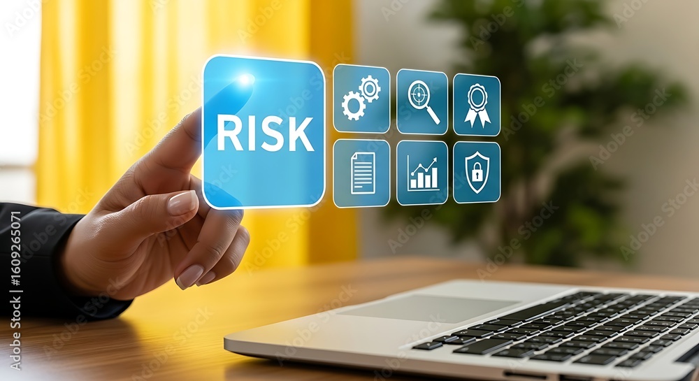 Poster navigating risk a finger touches a digital interface representing risk management strategy and secur