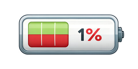 Almost Empty: Depicting the essence of low power, this image shows a battery indicator, with red and green segments, showing a mere 1% charge remaining.