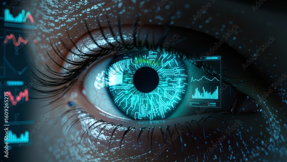 Poster x-default close-up of a woman's eye with futuristic circuit board overlay and data graphs