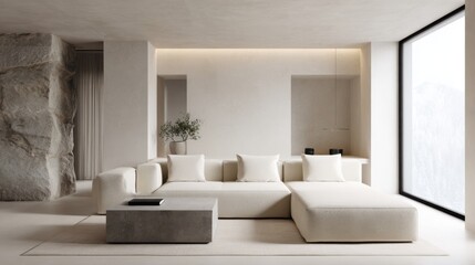 organic modern living room, milk toned modular sofa, textured plaster wall, stone windowsill, soft diffused lighting, balanced minimal layout