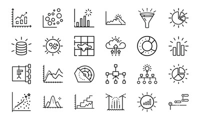 Line Art Icons for Data Analysis, Business Intelligence, and Graph Representation