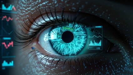 x-default Close-up of a Woman's Eye with Futuristic Circuit Board Overlay and Data Graphs