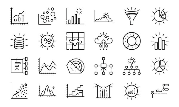 Line Art Icons for Data Analysis, Business Intelligence, and Graph Representation