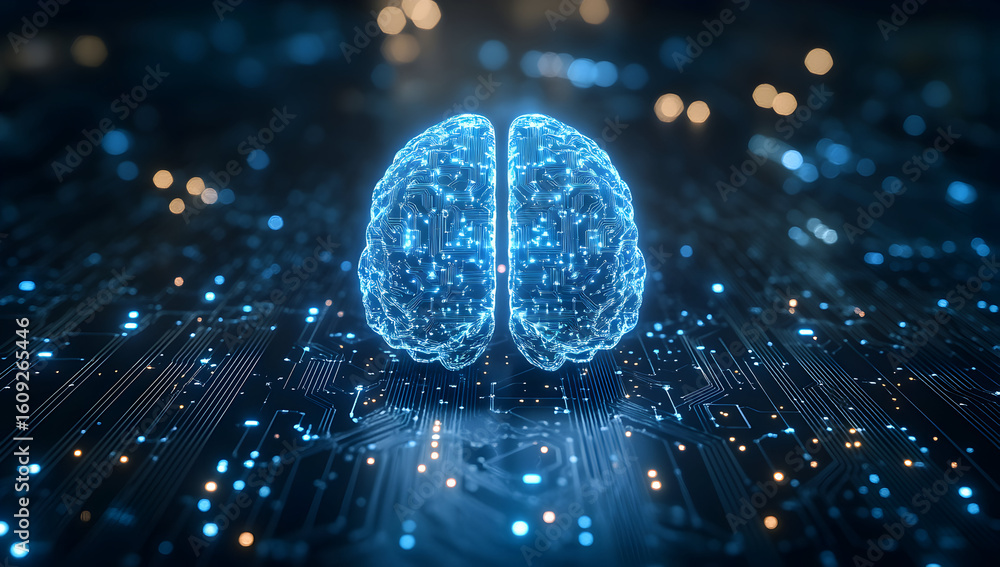 Poster futuristic digital brain concept glowing brightly on a circuit board, representing artificial intell