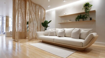 organic modern living room, woven room divider, sand colored sofa, smooth oak floor, minimalist shelf, hidden lighting