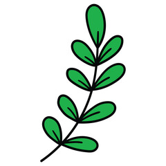 Hand-drawn cartoon branch with green leaves on a white background.