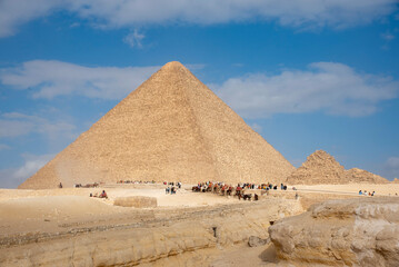 The iconic Great Pyramid of Giza, the oldest and largest of the three pyramids in the Giza pyramid complex, near Cairo, Egypt.