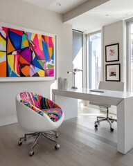 stylish office with bold pop art accent chair, sleek white desk, bright abstract artwork on wall, minimalist setup, lighting
