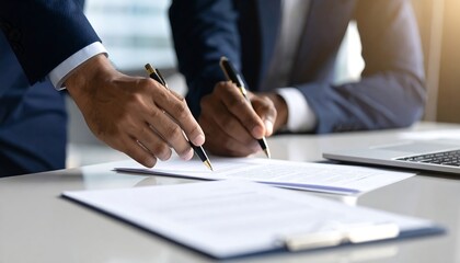 Close-up of two people in suits signing documents at a table