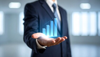 Business wallpaper with a translucent 3D graph shape on the hand of a man in a suit