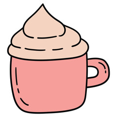 Hand-drawn cartoon pink mug of coffee with milk foam on a white background.
