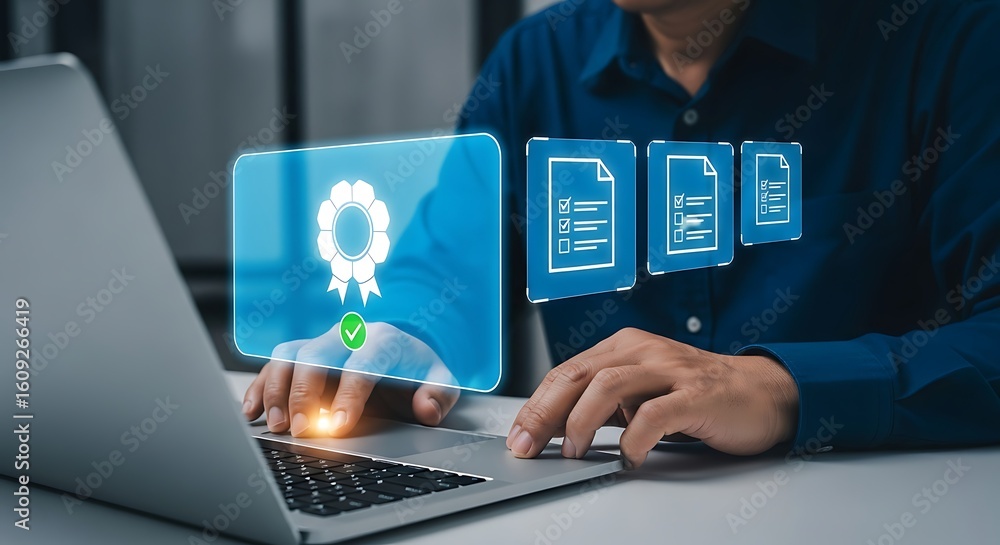 Poster achieving certification standards man on laptop with document icons representing quality assurance a
