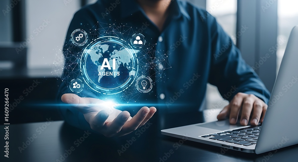 Poster ai agents global network in the palm of human hand business man analyzing the world and digital data