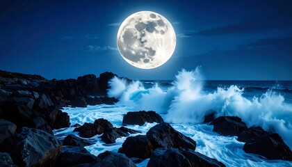 Mystical moonlight seascape, showcasing powerful waves crashing against rugged rocks