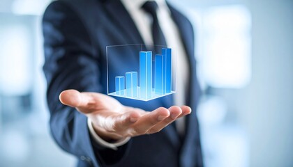 Business wallpaper with a translucent 3D graph shape on the hand of a man in a suit
