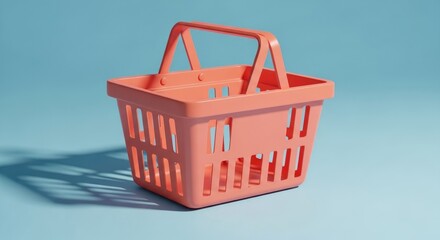 Pink Plastic Shopping Basket Isolated on a Light Blue Background, CloseUp Still