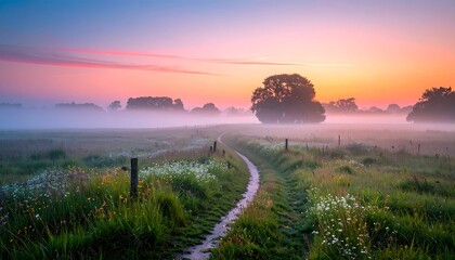 Mystical dawn landscape with winding path, foggy meadows, and vibrant sky hues