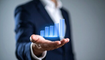 Business wallpaper with a translucent 3D graph shape on the hand of a man in a suit