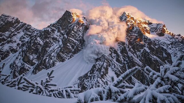 Massive snow avalanche cascading down mountain slope during golden sunset, revealing powerful natural force sweeping through alpine wilderness with stunning destructive energy