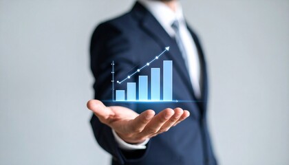 Business wallpaper with a translucent 3D graph shape on the hand of a man in a suit