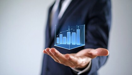 Business wallpaper with a translucent 3D graph shape on the hand of a man in a suit